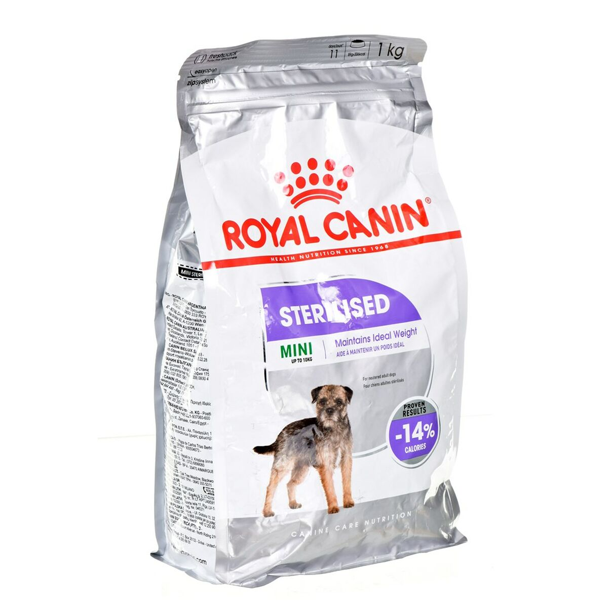 Una bolsa de 1kg de comida para perros Royal Canin Sterilised Mini, con un perro en el frente.