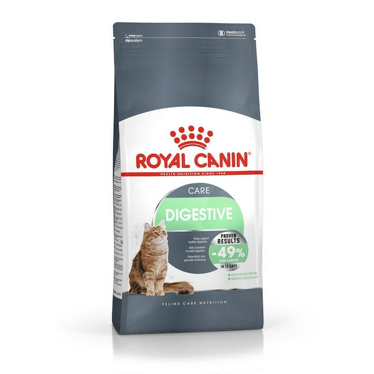 Torba karmy dla kotów Royal Canin Digestive Care z kotem i danymi procentowymi.