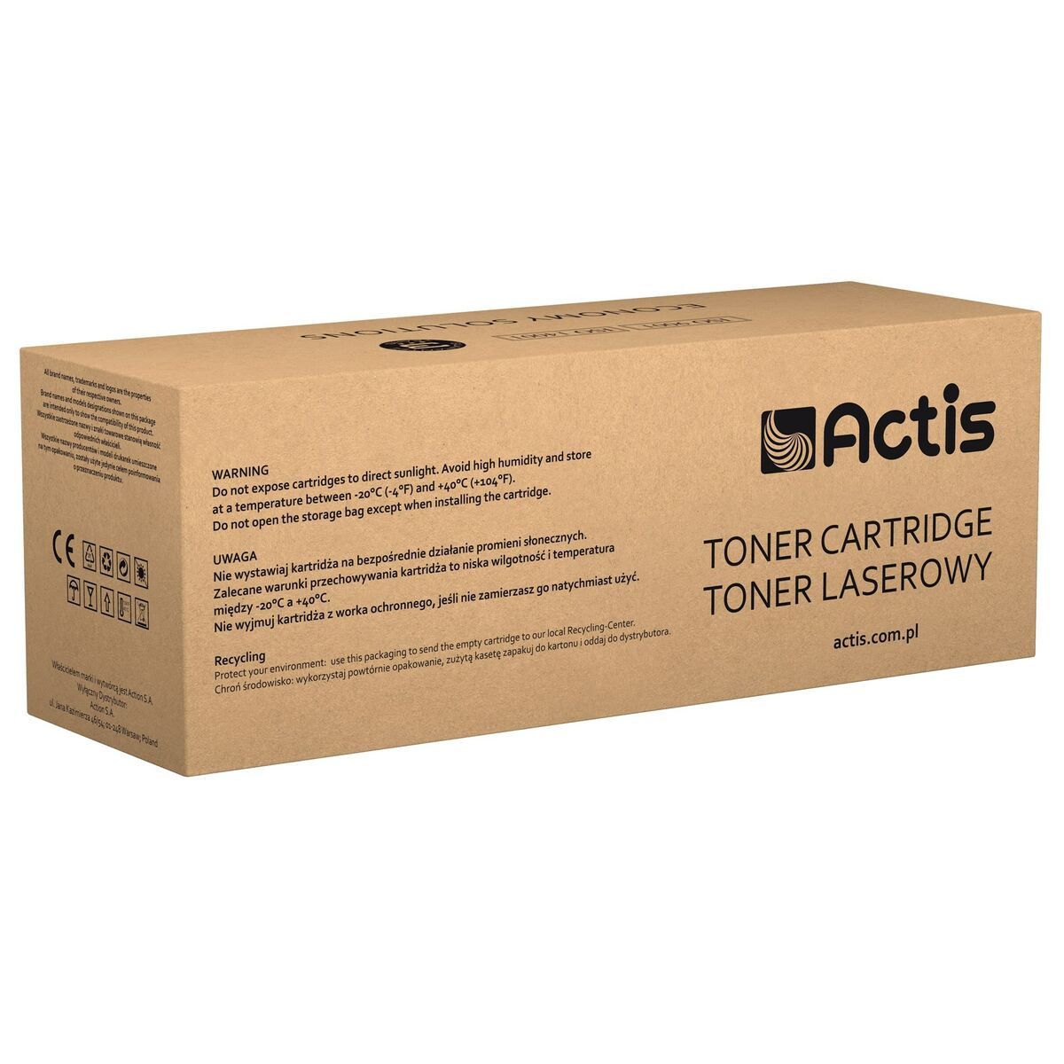 Toner Actis. Pudełko z ostrzeżeniami i informacjami o recyklingu. Do drukarek laserowych.