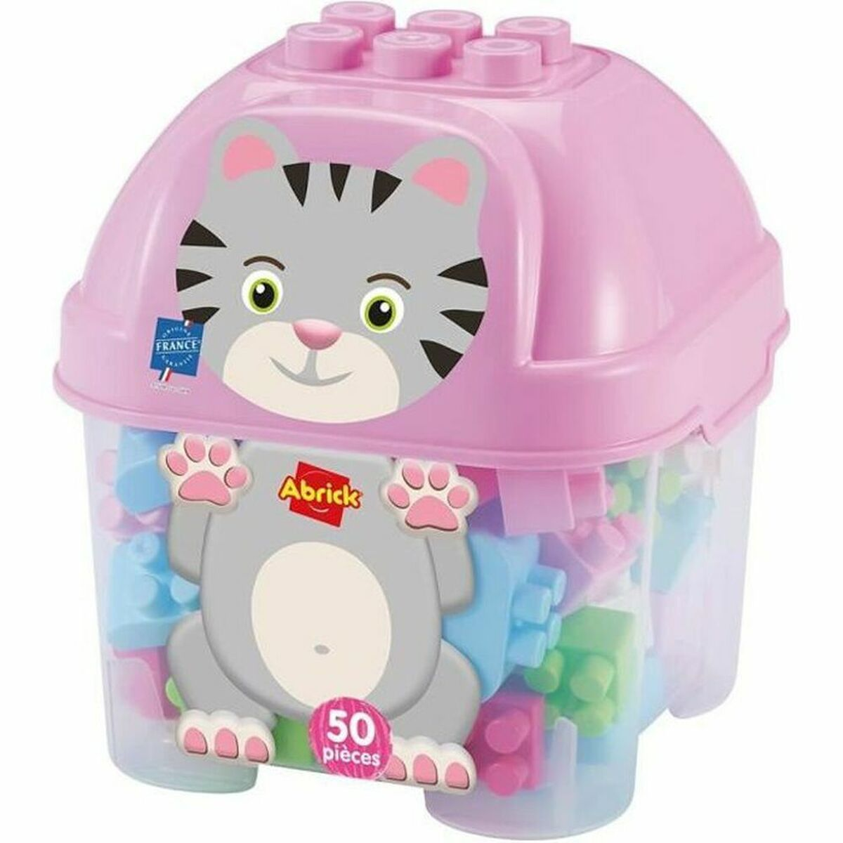 Ein rosa Behälter mit Bausteinen und einer Katze. 50 Teile.