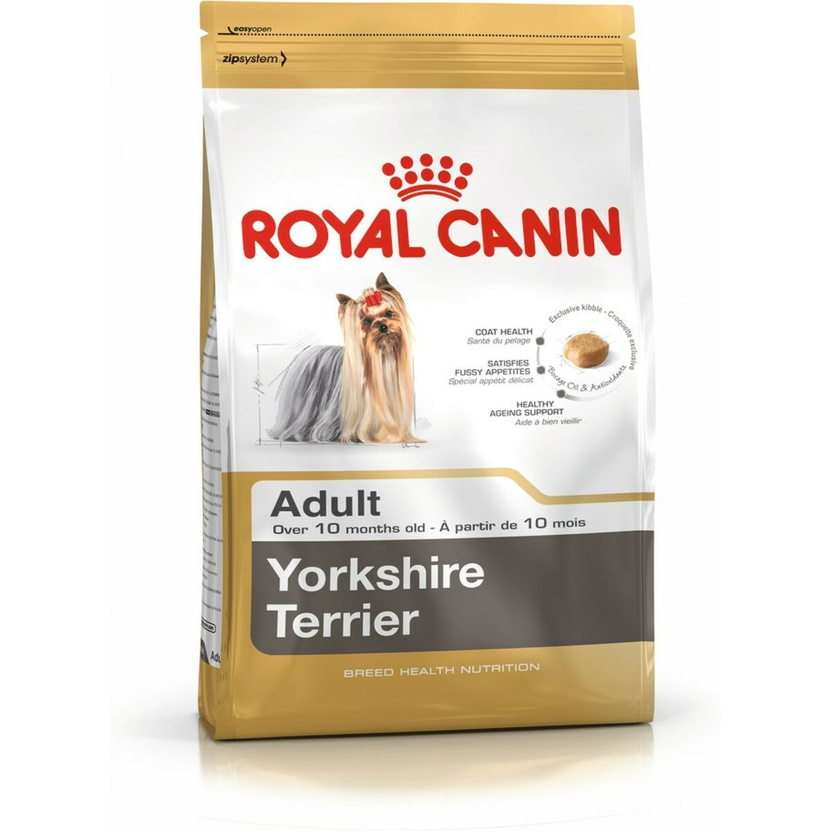 Bolsa de comida Royal Canin Yorkshire Terrier Adult para perros, con imagen de un Yorkshire Terrier.