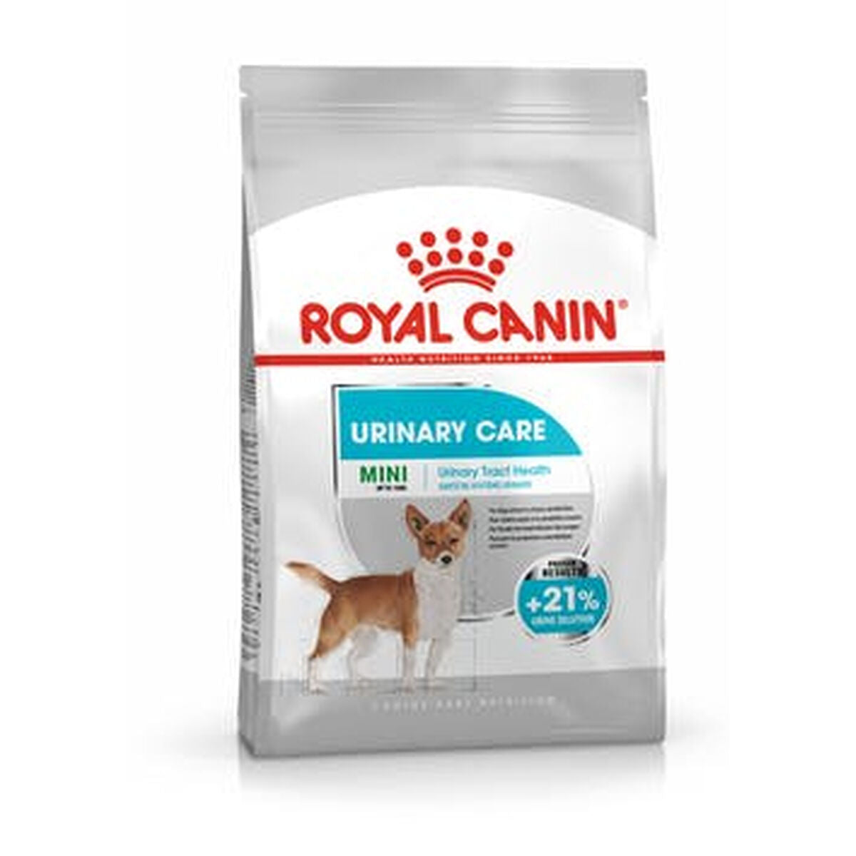 Bolsa de comida para perros Royal Canin Urinary Care. Un perro pequeño está en la bolsa.