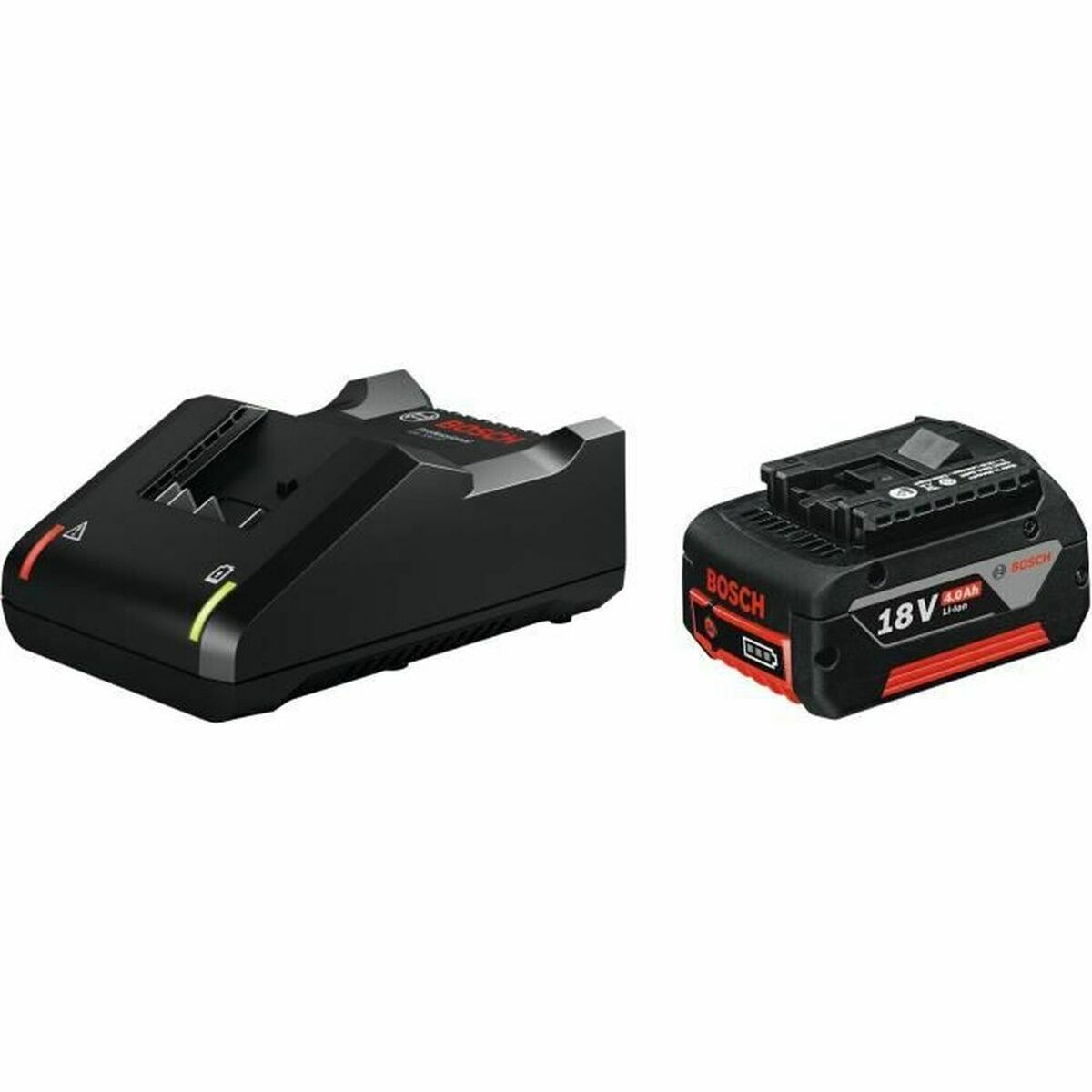 Siyah Bosch şarj cihazı ve 18V 4.0Ah pil beyaz arka planda.