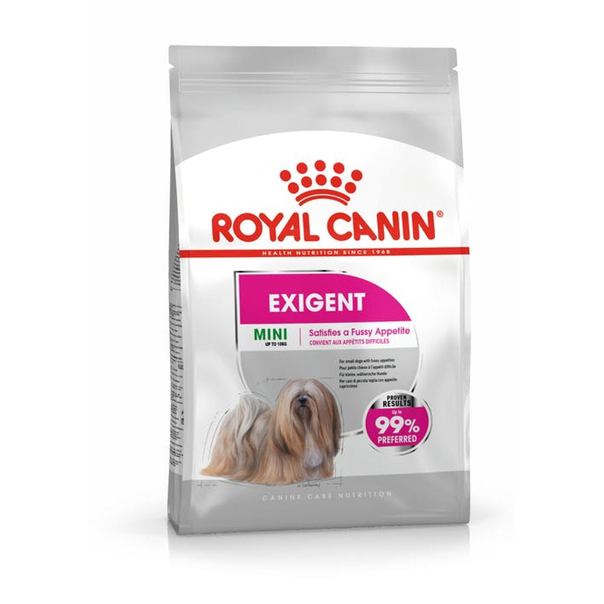 Bolsa de comida para perros Royal Canin Exigent Mini con un perro Lhasa Apso.