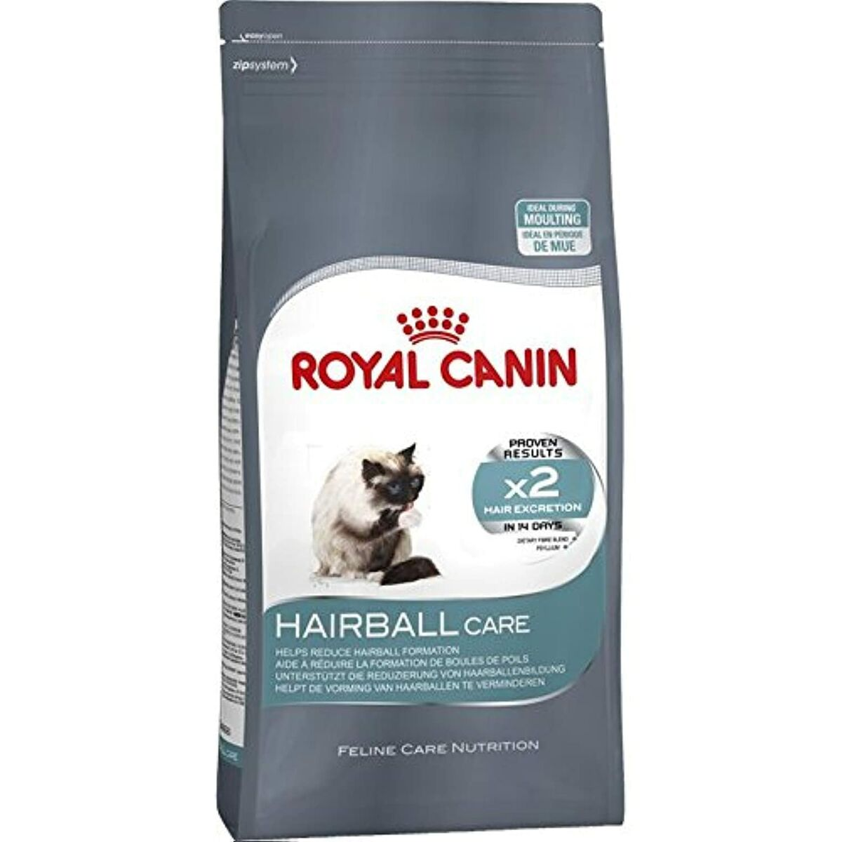 Torba karmy dla kotów Royal Canin Hairball Care z wizerunkiem kota.