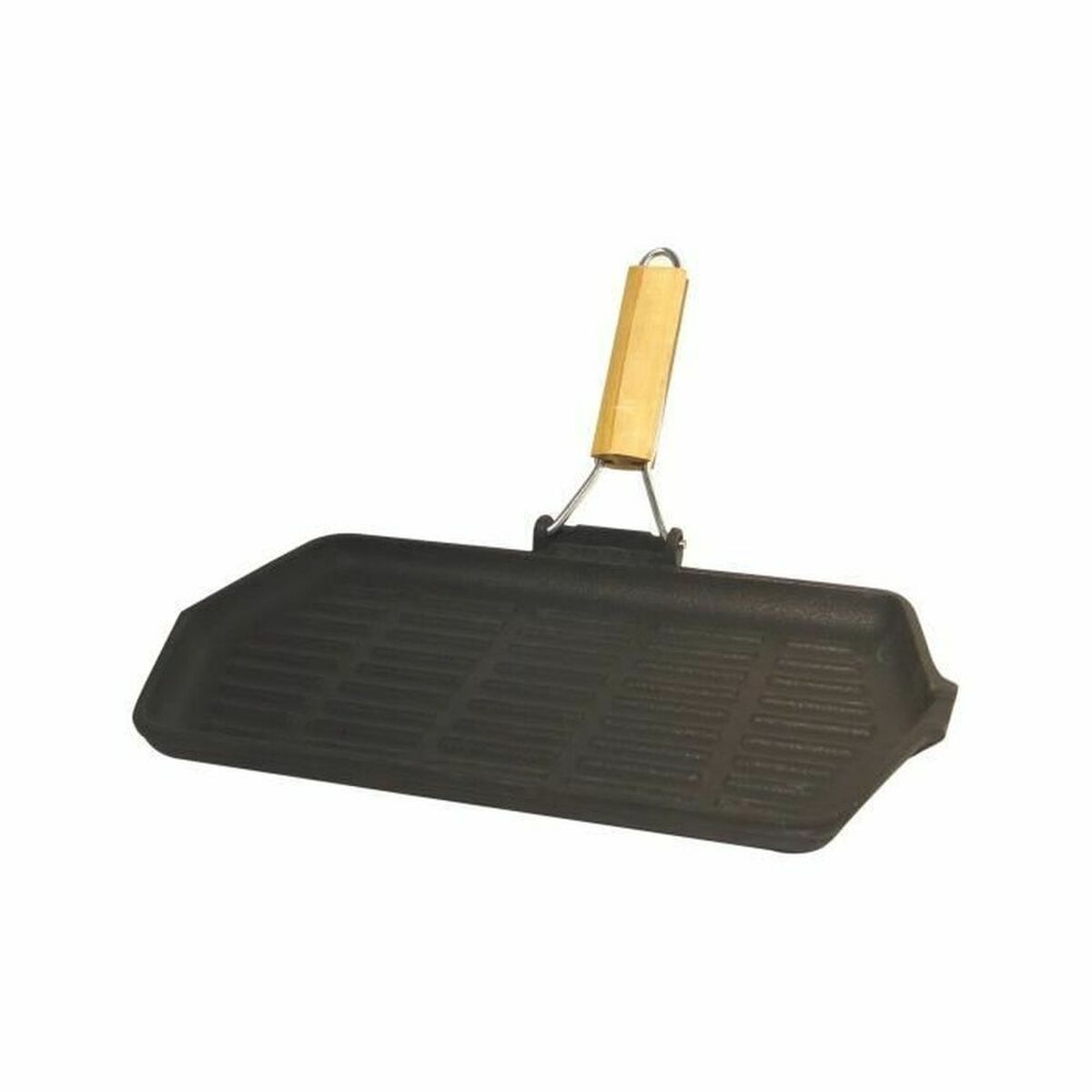 Una piastra grill nera in ghisa con manico in legno su sfondo bianco.