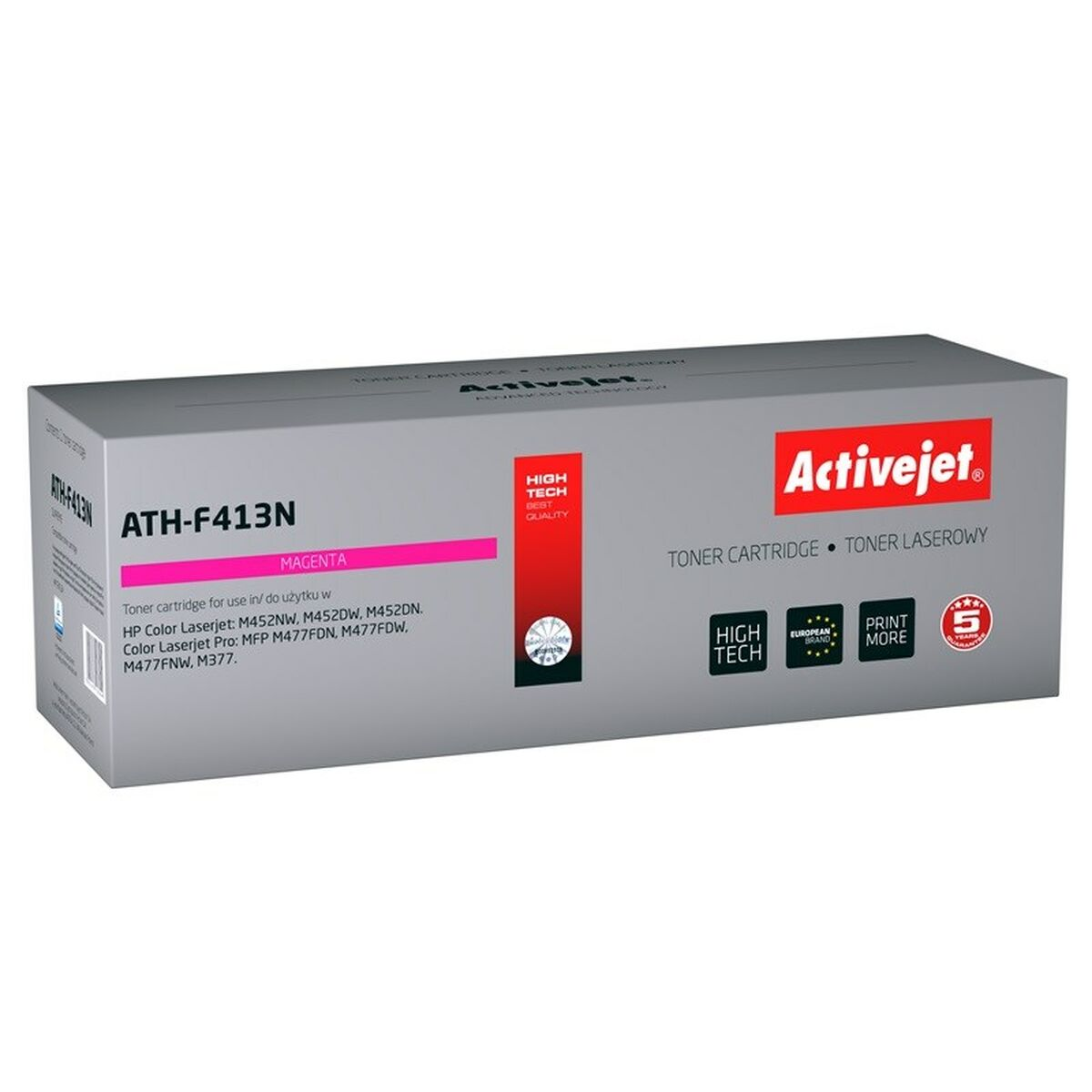 Una scatola grigia per una cartuccia toner magenta Activejet, modello ATH-F413N.