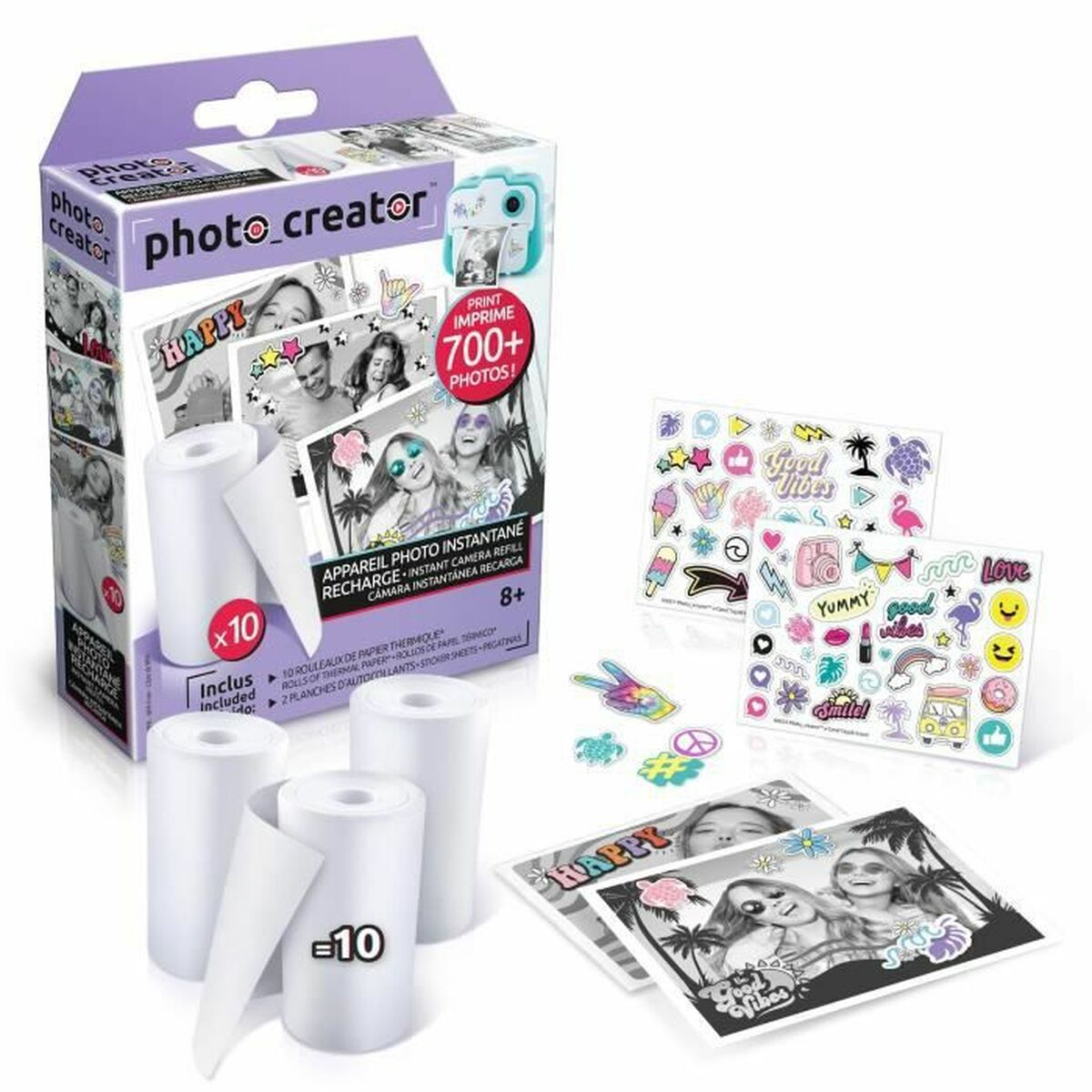 Pudełko Photo Creator z 10 rolkami papieru termicznego, naklejkami i wydrukowanymi zdjęciami.