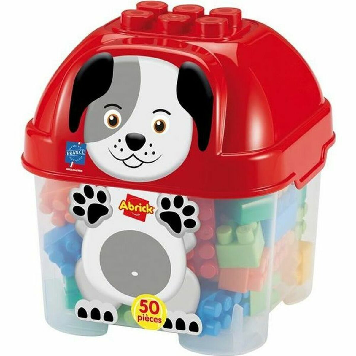 Contenitore giocattolo rosso con muso di cane e blocchi colorati all'interno.