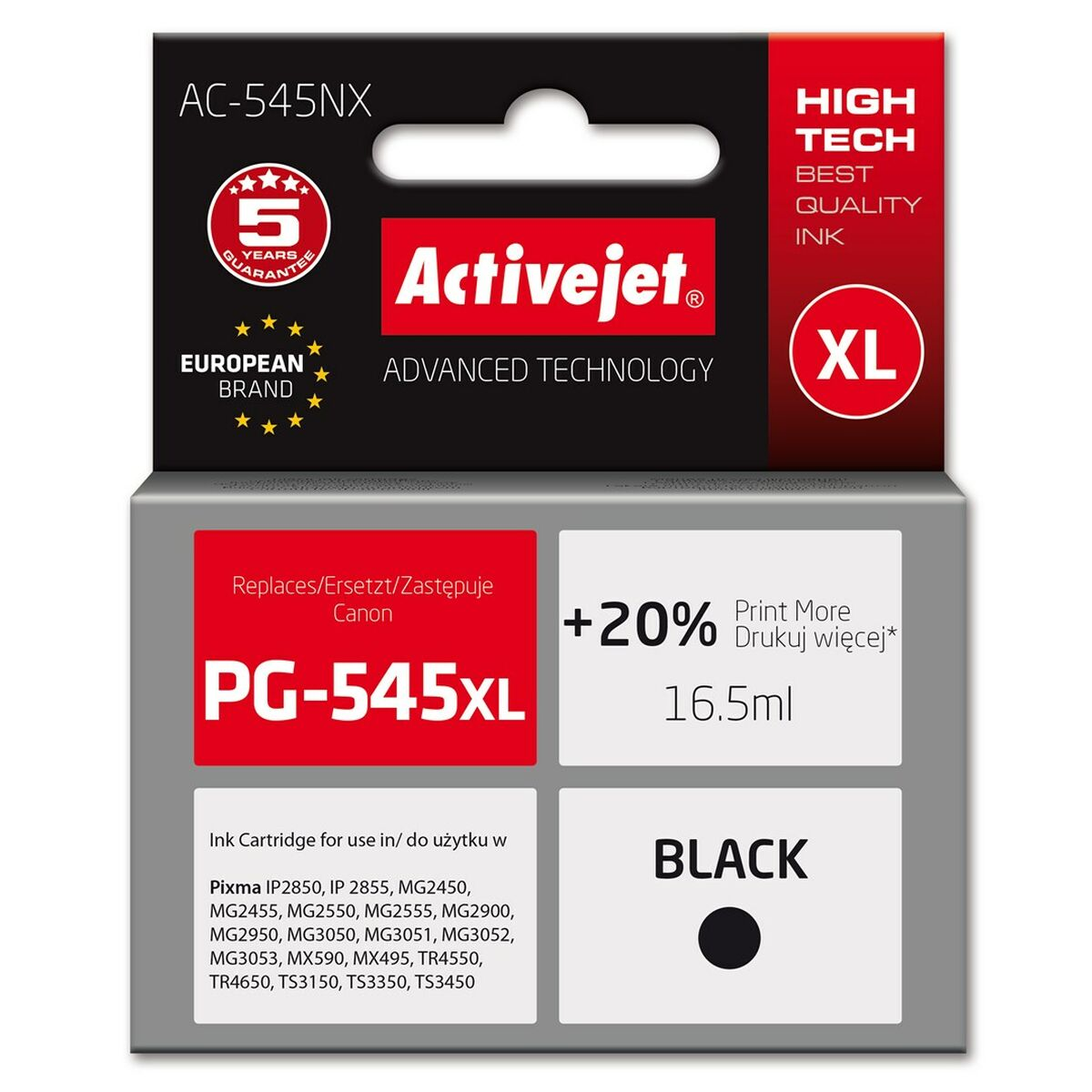 Tusz Activejet PG-545XL: Czarny, XL, 16.5ml, gwarancja 5 lat.