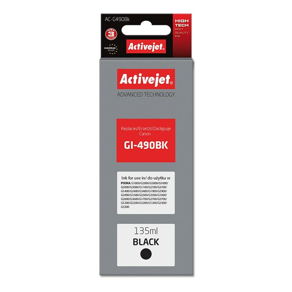 Czarny tusz Activejet GI-490BK, 135ml, do drukarek Canon PIXMA.
