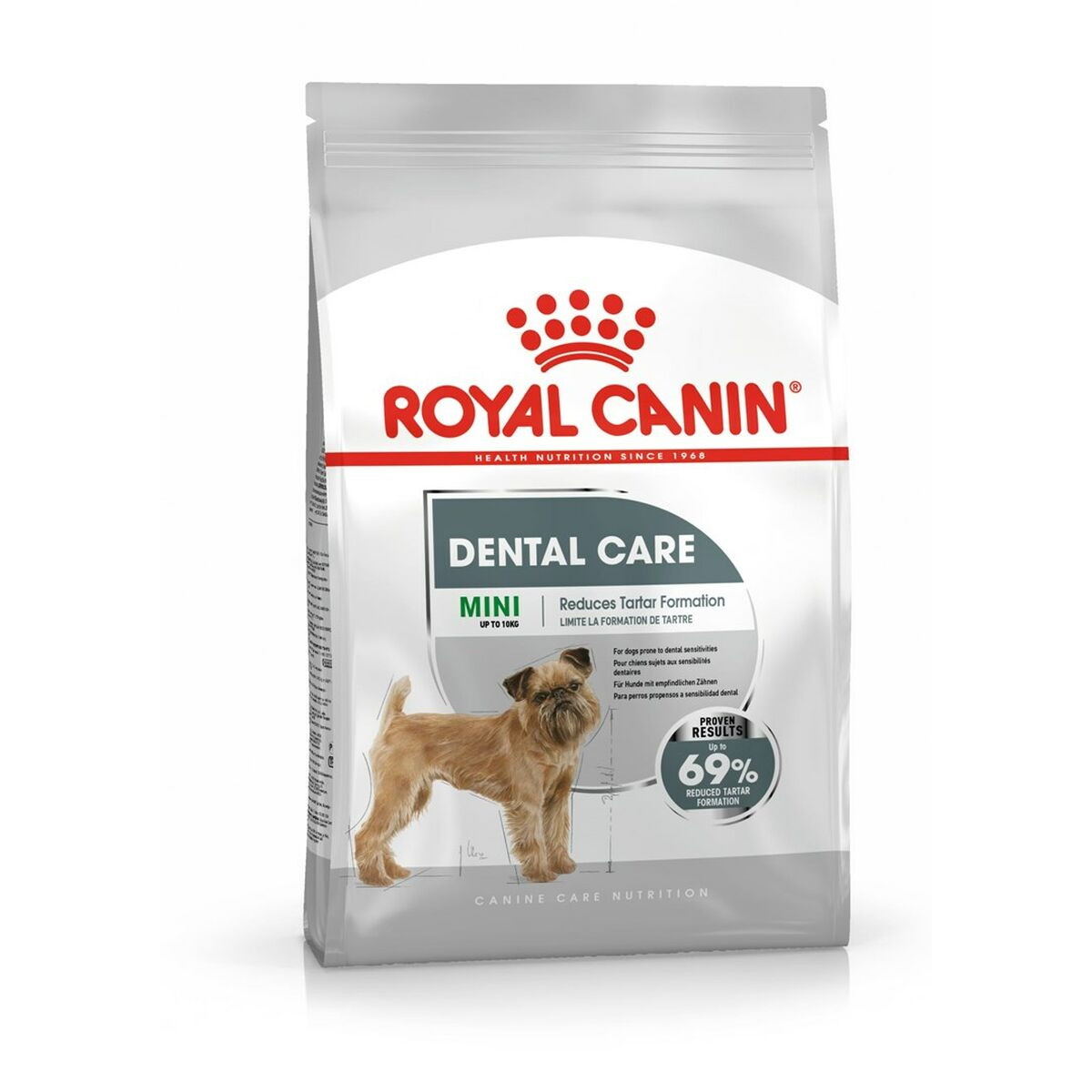 Bolsa de comida para perros Royal Canin Dental Care con un perro pequeño.