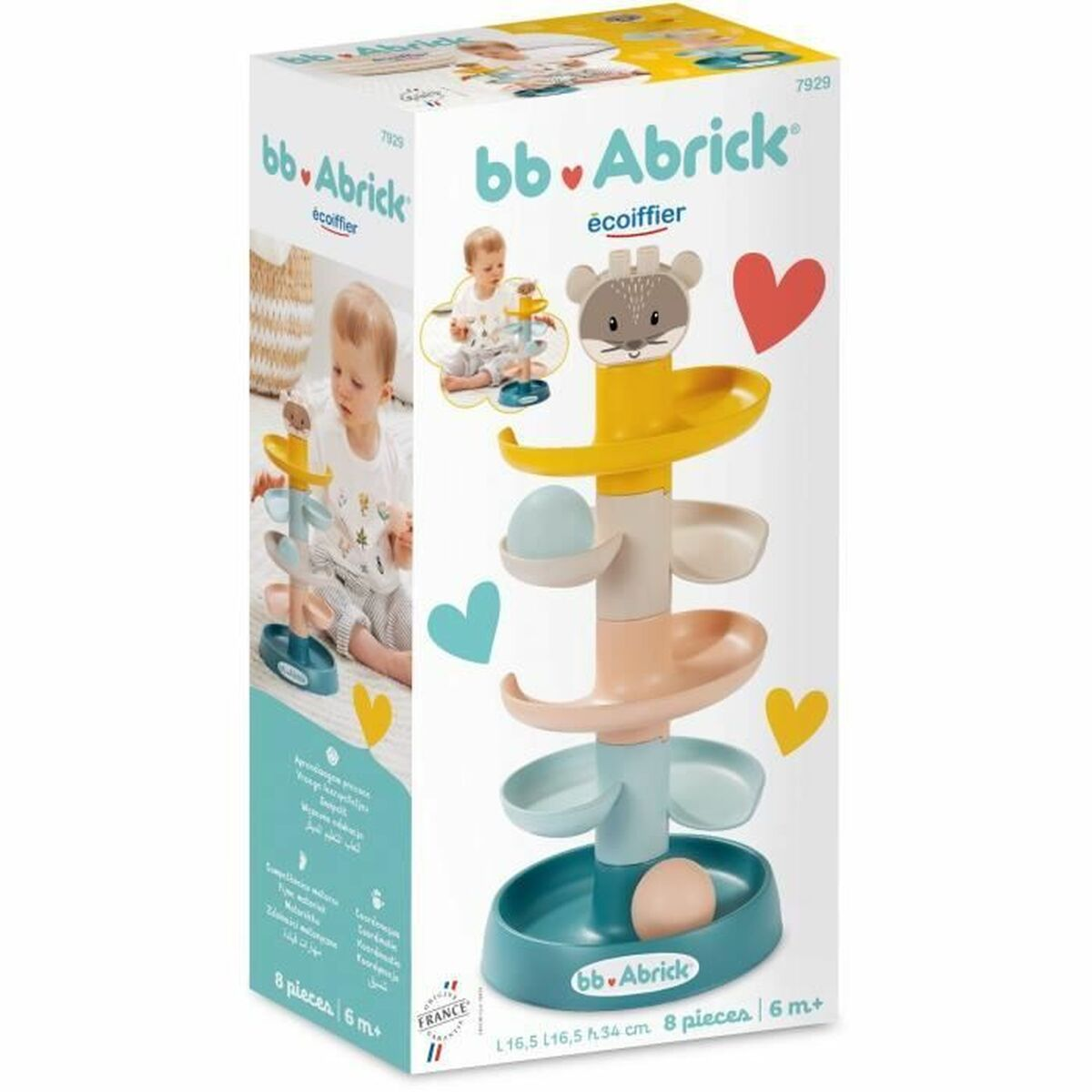 Verpackung eines Babyspielzeugs mit einer Murmelbahn und einem niedlichen Tierkopf.