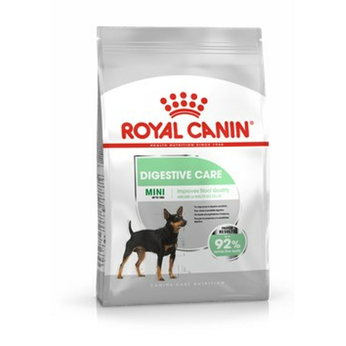 Bolsa de comida para perros Royal Canin Digestive Care Mini con un perro pequeño delante.