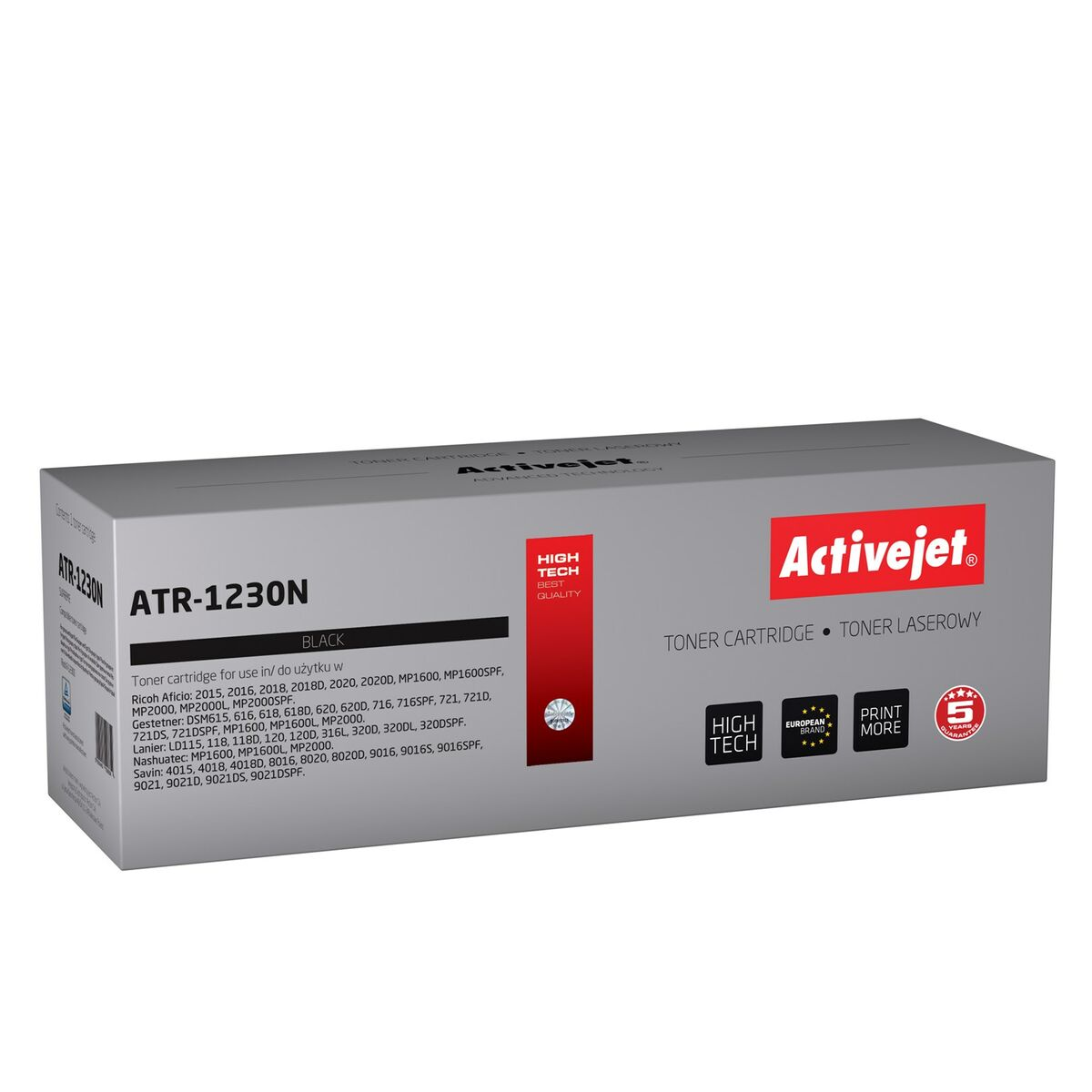 Szara kaseta z tonerem z czerwono-białym logo Activejet. ATR-1230N.
