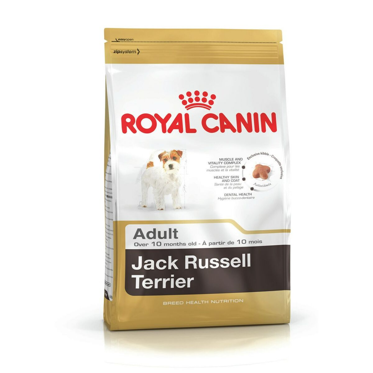 Bolsa dorada Royal Canin para Jack Russell Terriers adultos con imagen de perro.