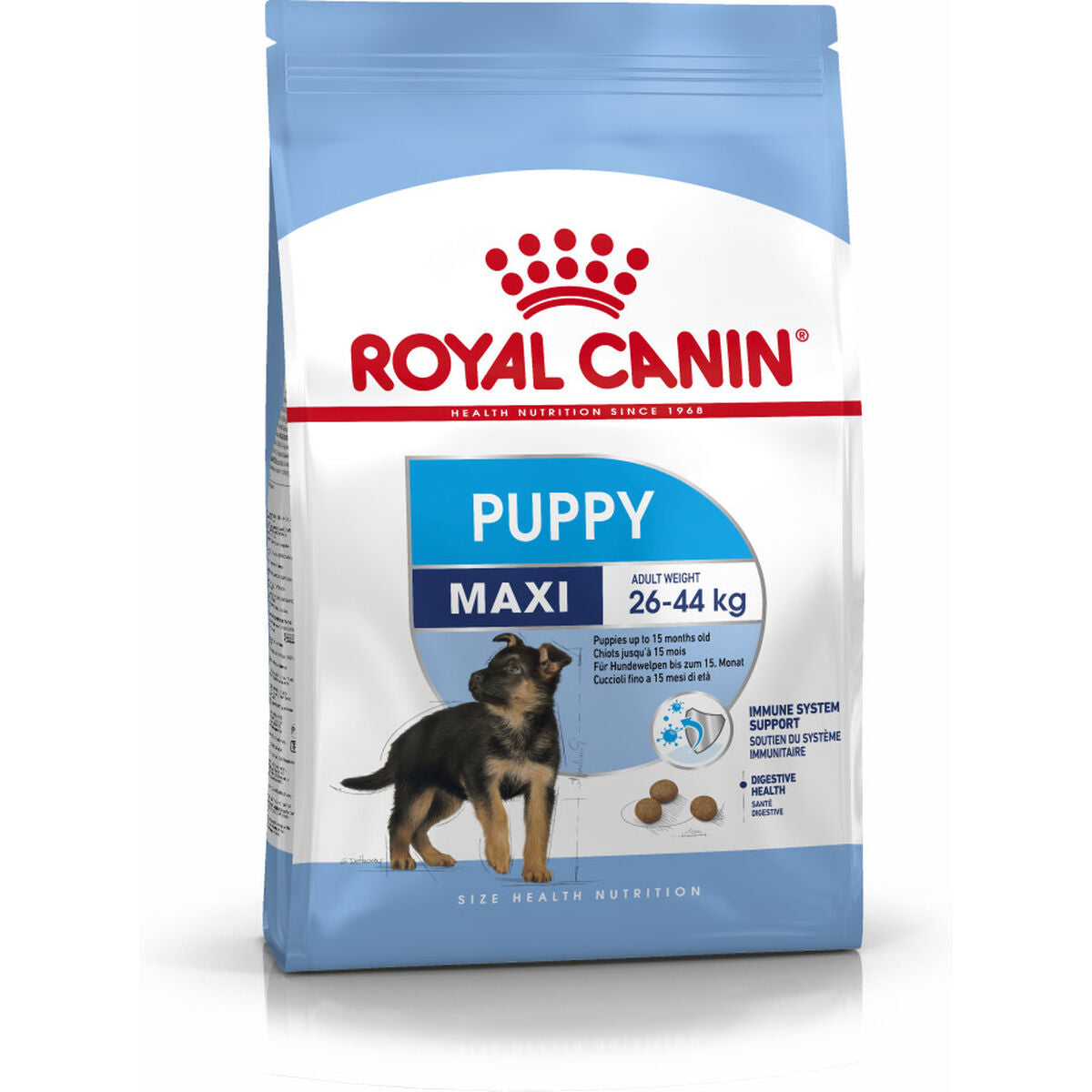 Torba karmy dla szczeniąt Royal Canin Maxi z wizerunkiem szczenięcia, 26-44 kg.