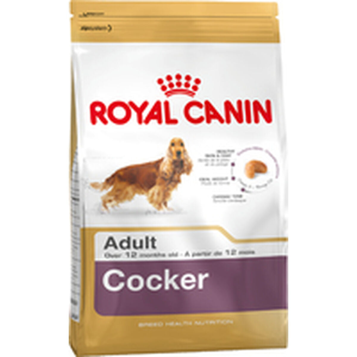 Karma dla psów Royal Canin Cocker Adult z wizerunkiem brązowego Cocker Spaniela.