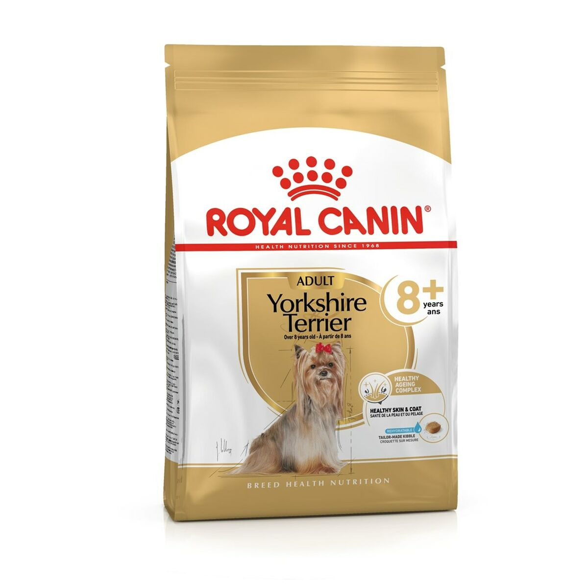Una bolsa dorada de comida Royal Canin para Yorkshire Terrier adultos mayores de 8 años.