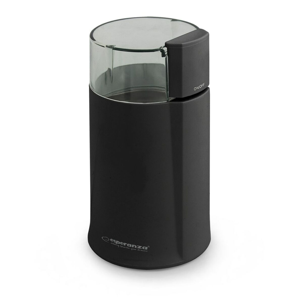 Schwarzer Kaffeemühle mit transparentem Deckel und ON/OFF-Schalter.