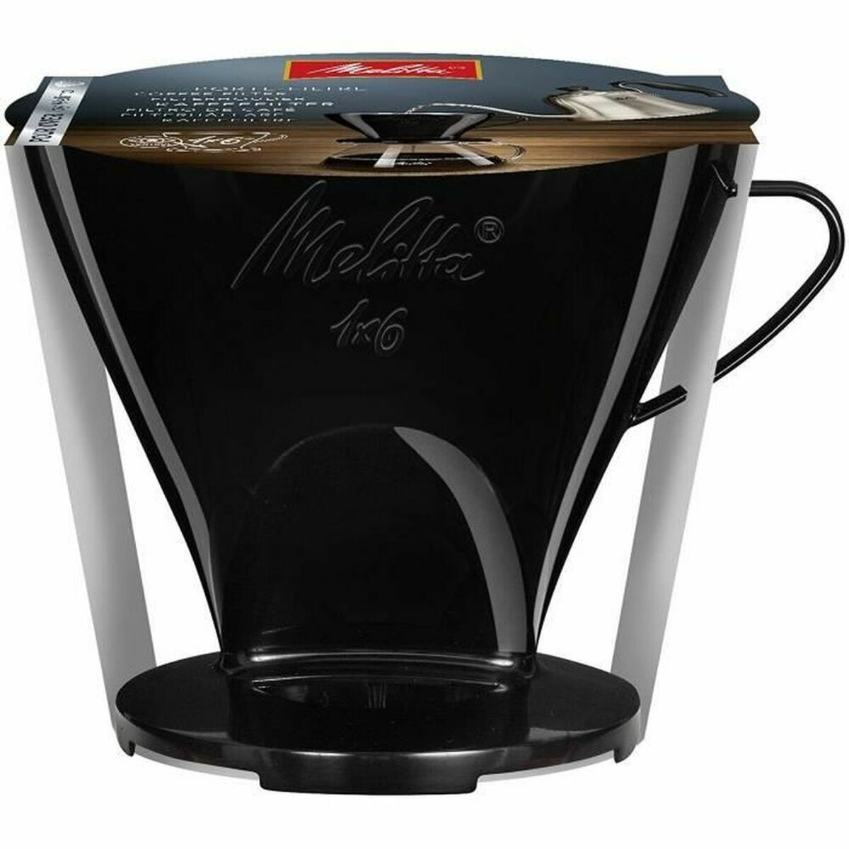 Schwarzer Melitta Kaffeefilter mit Griff und Untersetzer, auf Holzhintergrund.