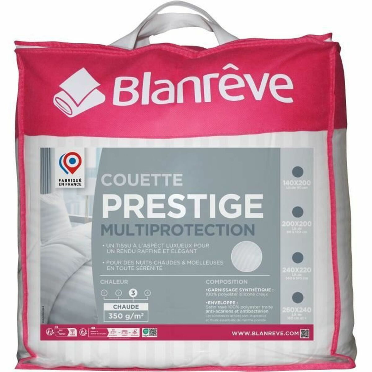 Verpackung einer Decke von Blanrêve, Modell Prestige Multischutz, mit Produktinformationen.