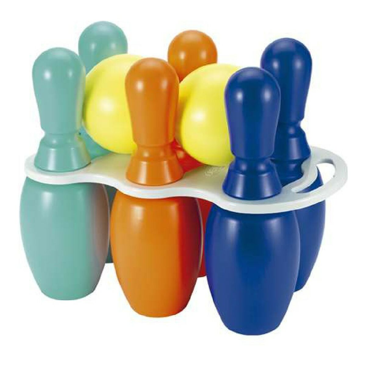 Un juego de bolos y bolas de colores en un soporte blanco.