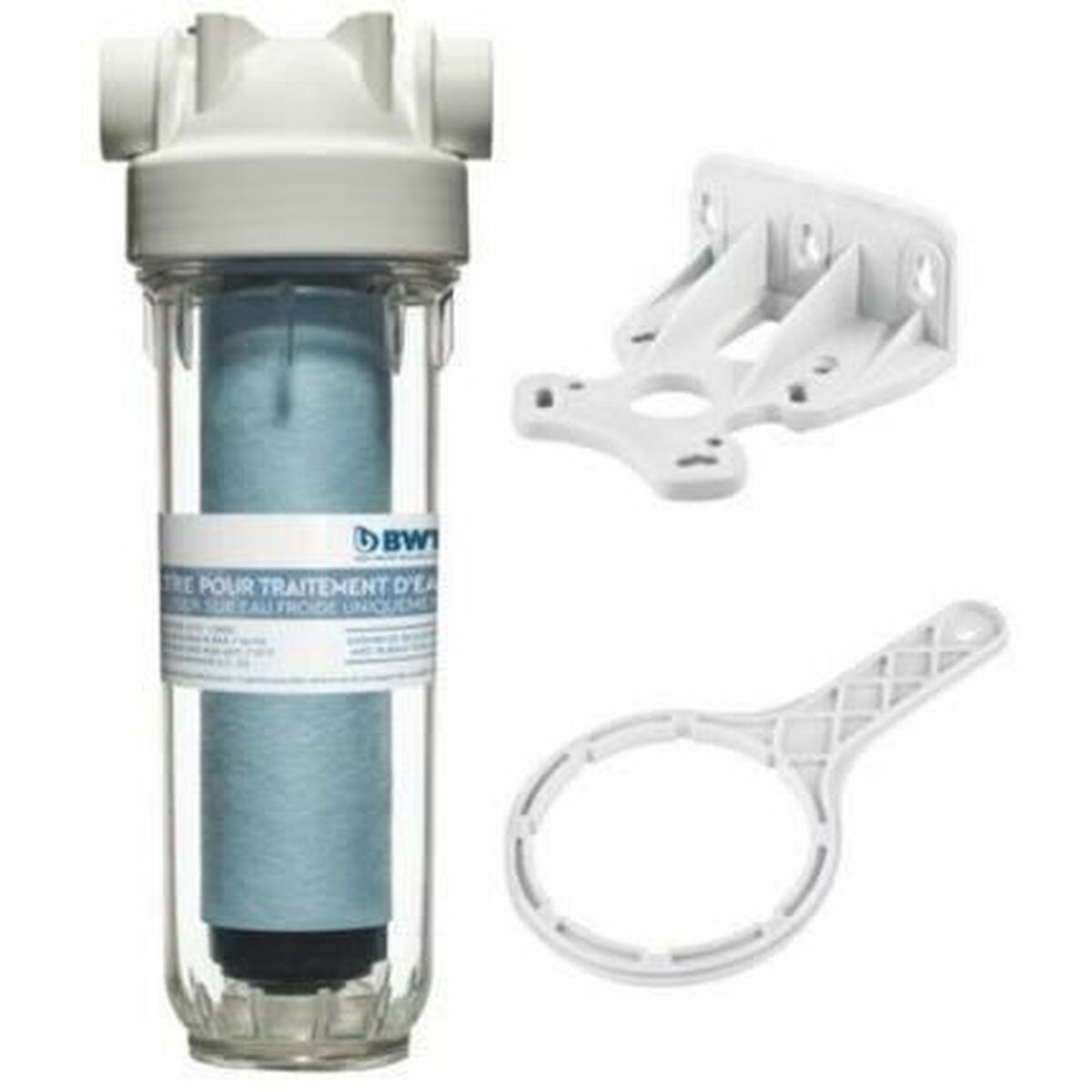 Wasserfiltergehäuse mit blauem Filter, Halterung und Schraubenschlüssel.
