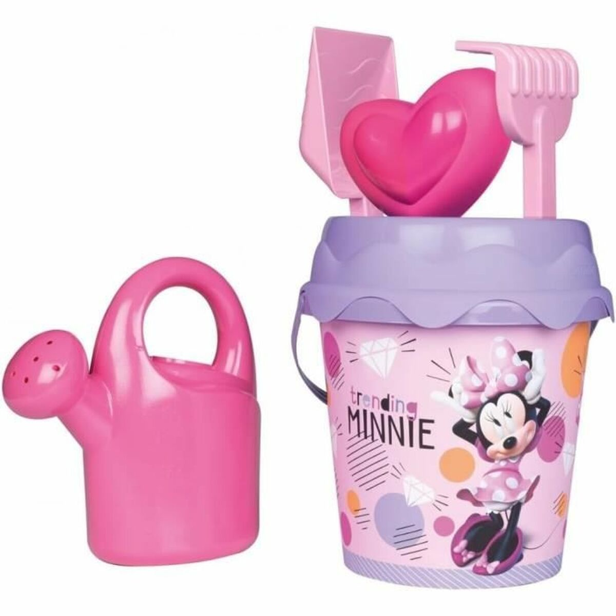 Różowa konewka i wiaderko z Myszką Minnie i zabawkami do piasku.
