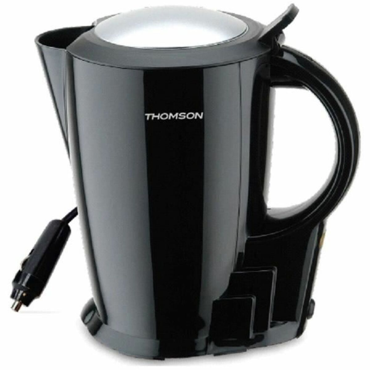 Schwarzer Thomson Wasserkocher mit silbernem Deckel und Griff.