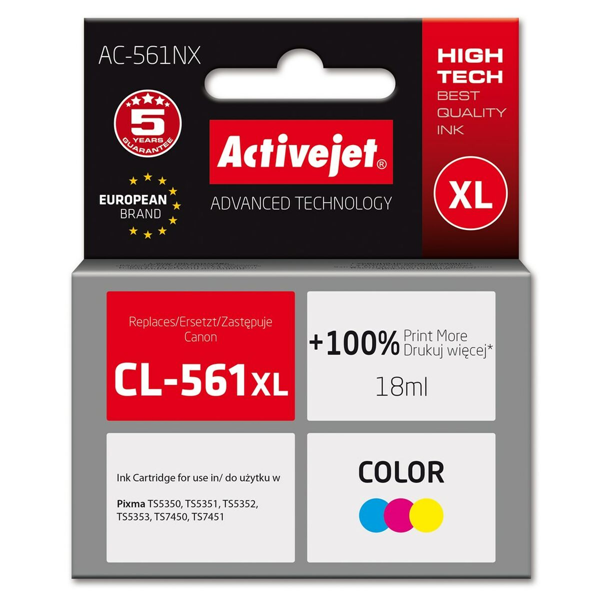 Tusz Activejet CL-561XL, kolor, 18ml, gwarancja 5 lat.