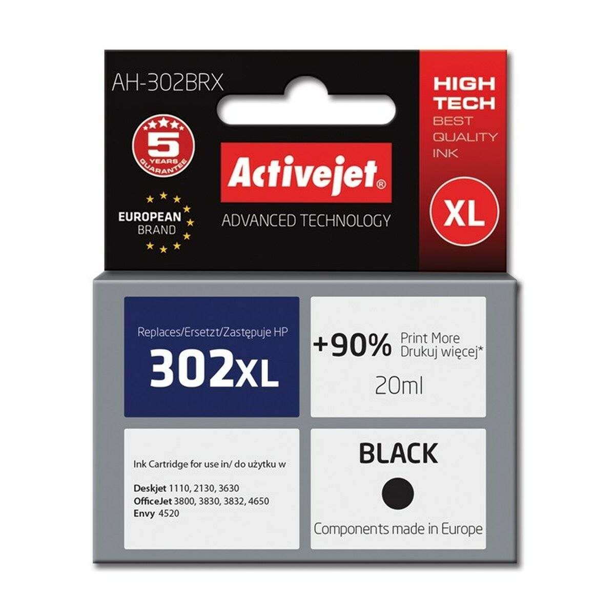 Tusz Activejet 302XL, czarny, XL, 20ml, wyprodukowano w Europie.
