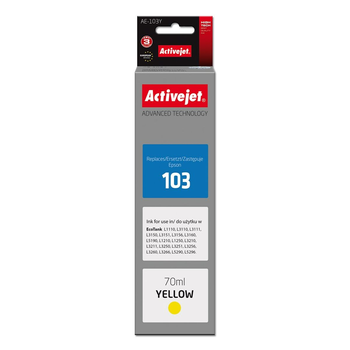 Confezione inchiostro giallo Activejet 103, 70ml, per stampanti Epson EcoTank.