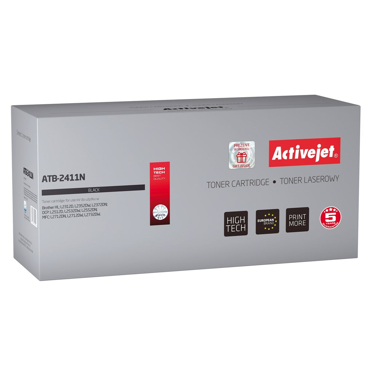 Szare opakowanie tonera Activejet, model ATB-2411N, z detalami produktu.