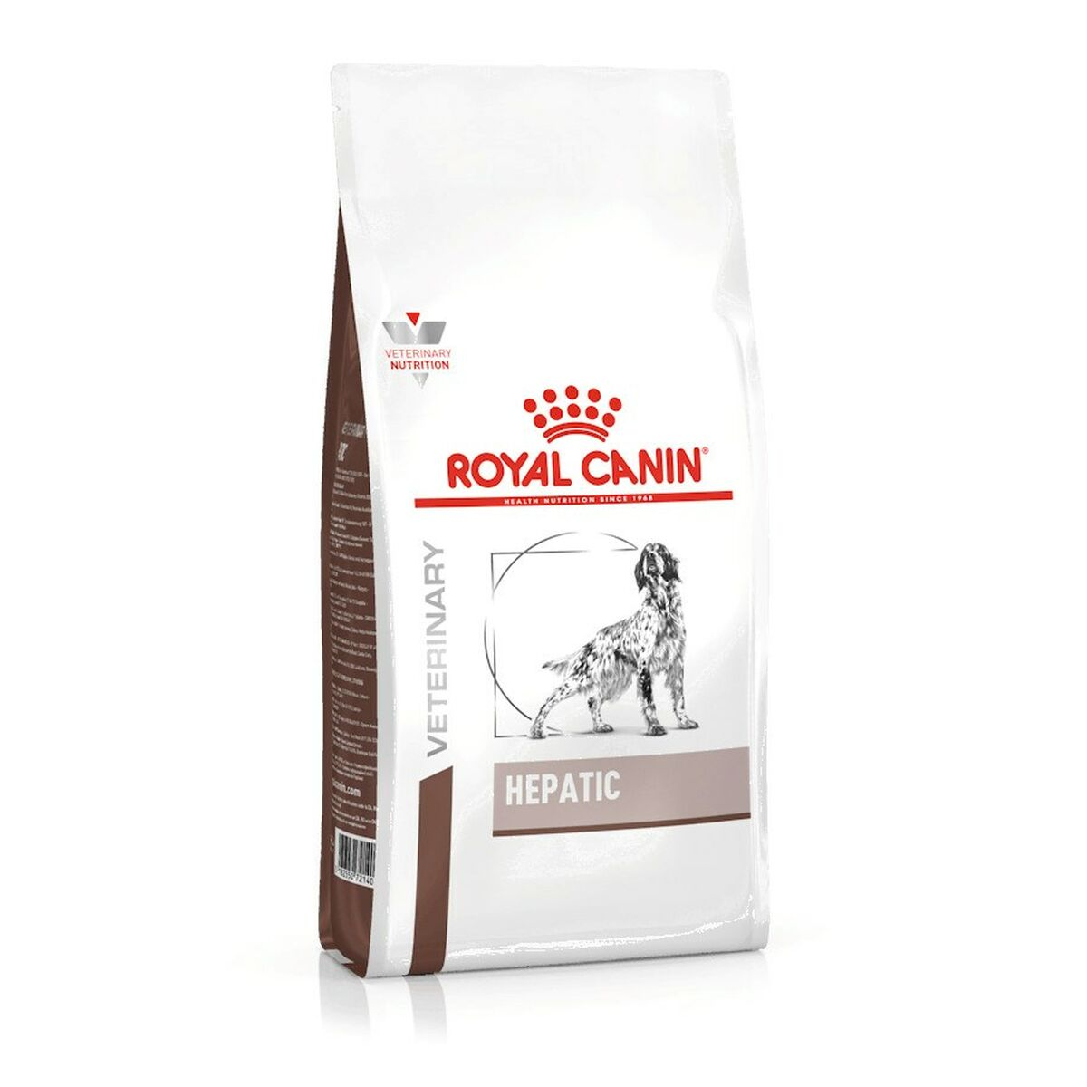 Biała torba karmy dla psów Royal Canin z napisem "Hepatic" i ilustracją psa.