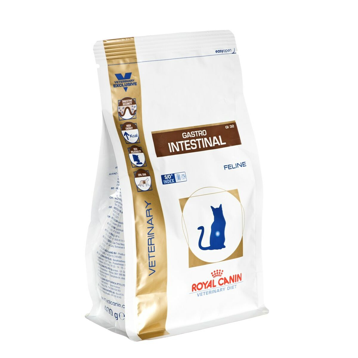 Bolsa blanca de comida para gatos con icono azul de gato y logo Royal Canin.
