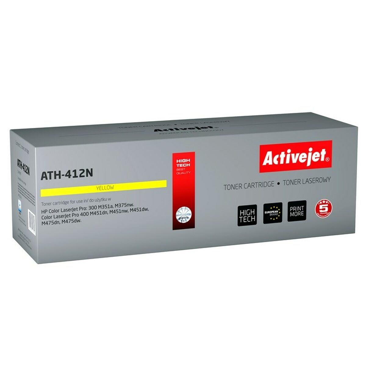 Szare pudełko z żółtym paskiem: toner Activejet ATH-412N żółty.