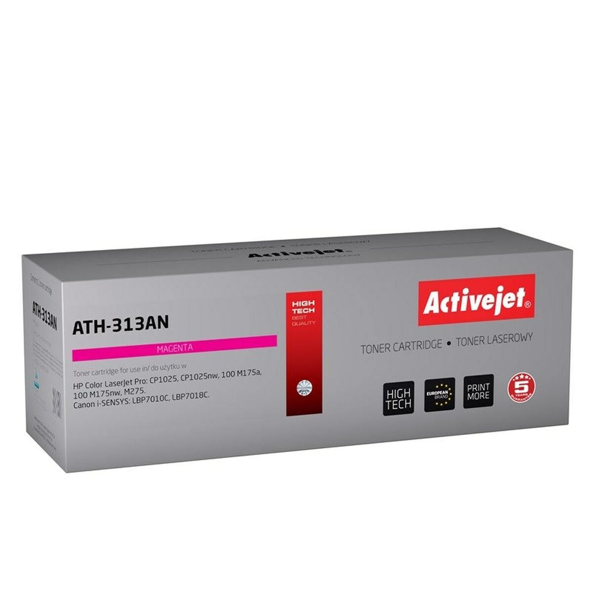 Scatola di cartuccia toner magenta Activejet ATH-313AN con dettagli prodotto.
