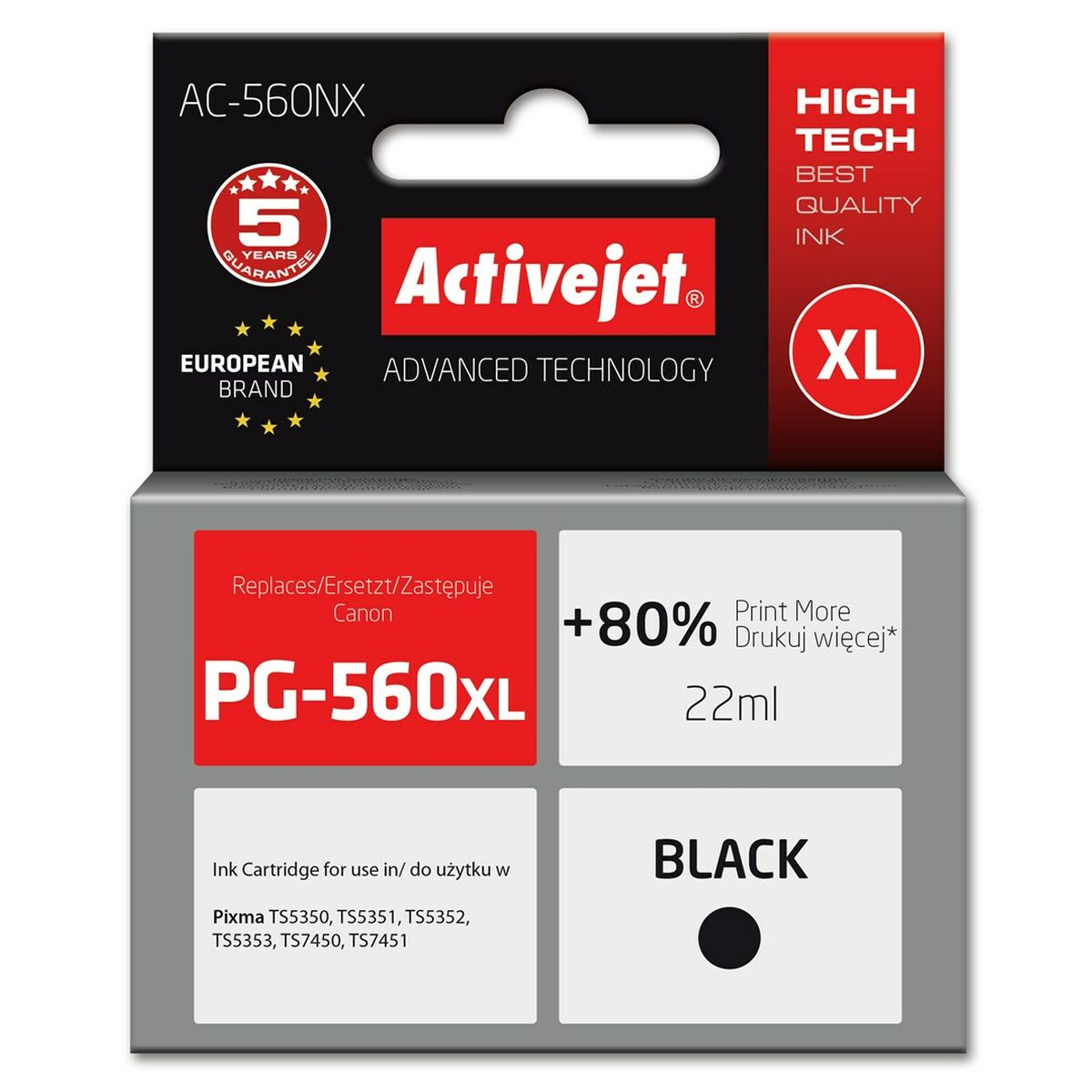 Opakowanie czarnego tuszu, PG-560XL, 22ml, z logo Activejet.