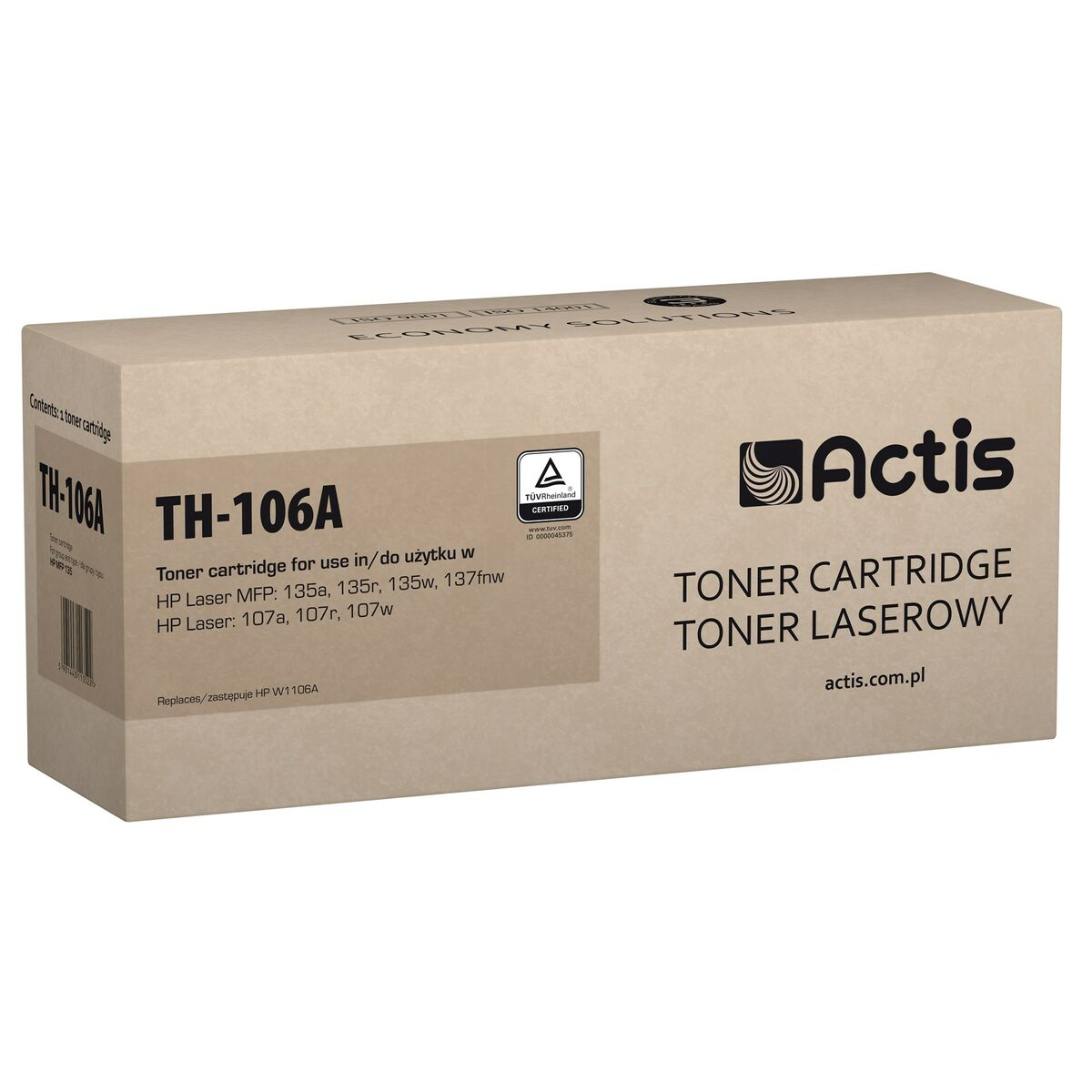Pudełko tonera TH-106A z logo Actis, certyfikatem TUV i numerami modeli.