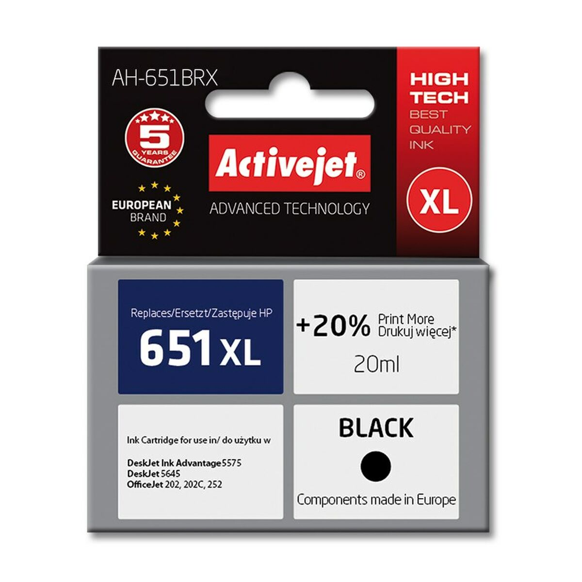 Tusz Activejet 651 XL czarny, 20ml, 5 lat gwarancji, marka europejska.