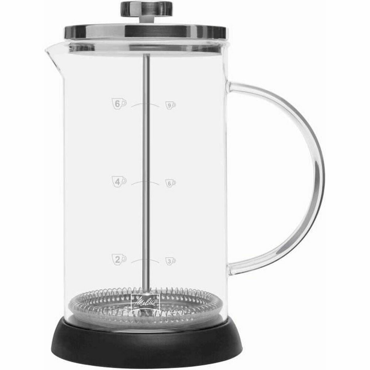 Una caraffa trasparente in vetro per French press con base nera e stantuffo in metallo.