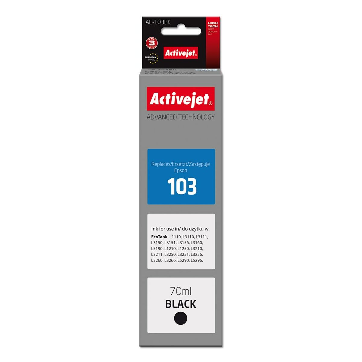 Opakowanie czarnego tuszu Activejet AE-103BK, 70ml, do Epson EcoTank.