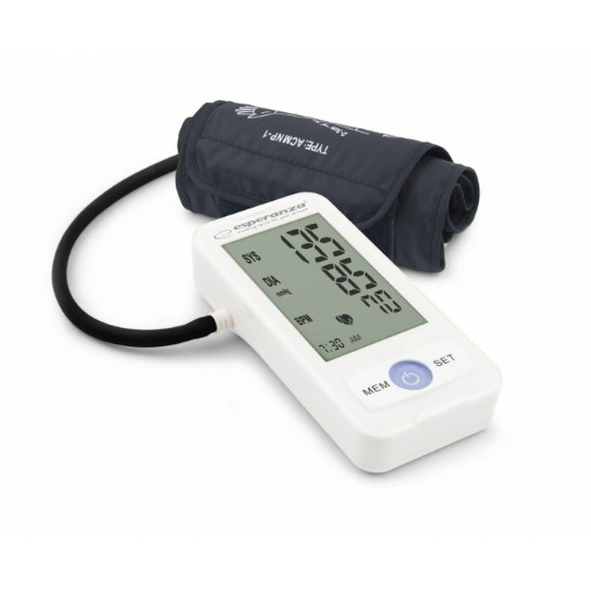 Ein digitales Blutdruckmessgerät mit Manschette und LCD-Anzeige.