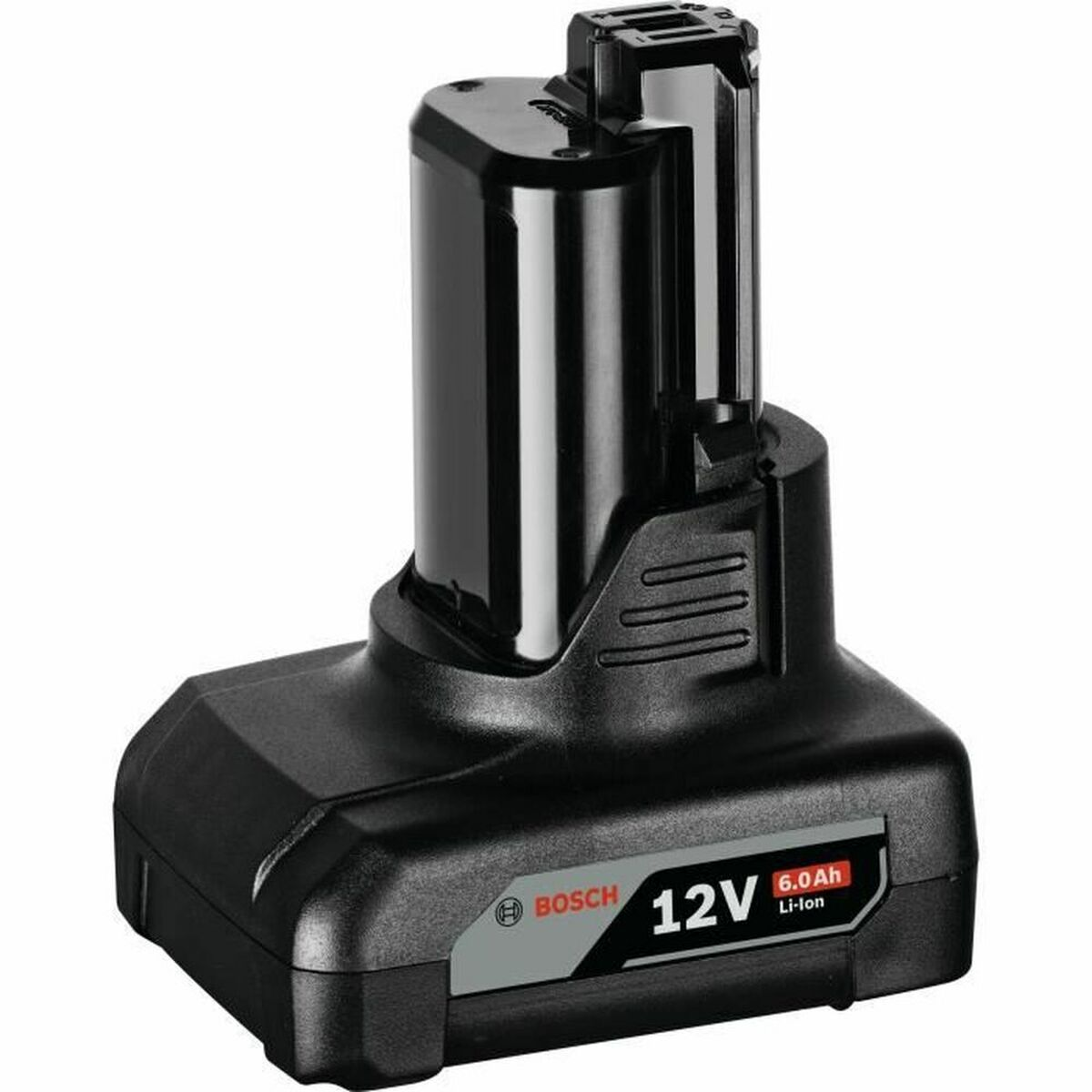 Schwarzer Bosch 12V 6.0Ah Li-Ion Akku mit silbernen Akzenten und weißer Schrift.