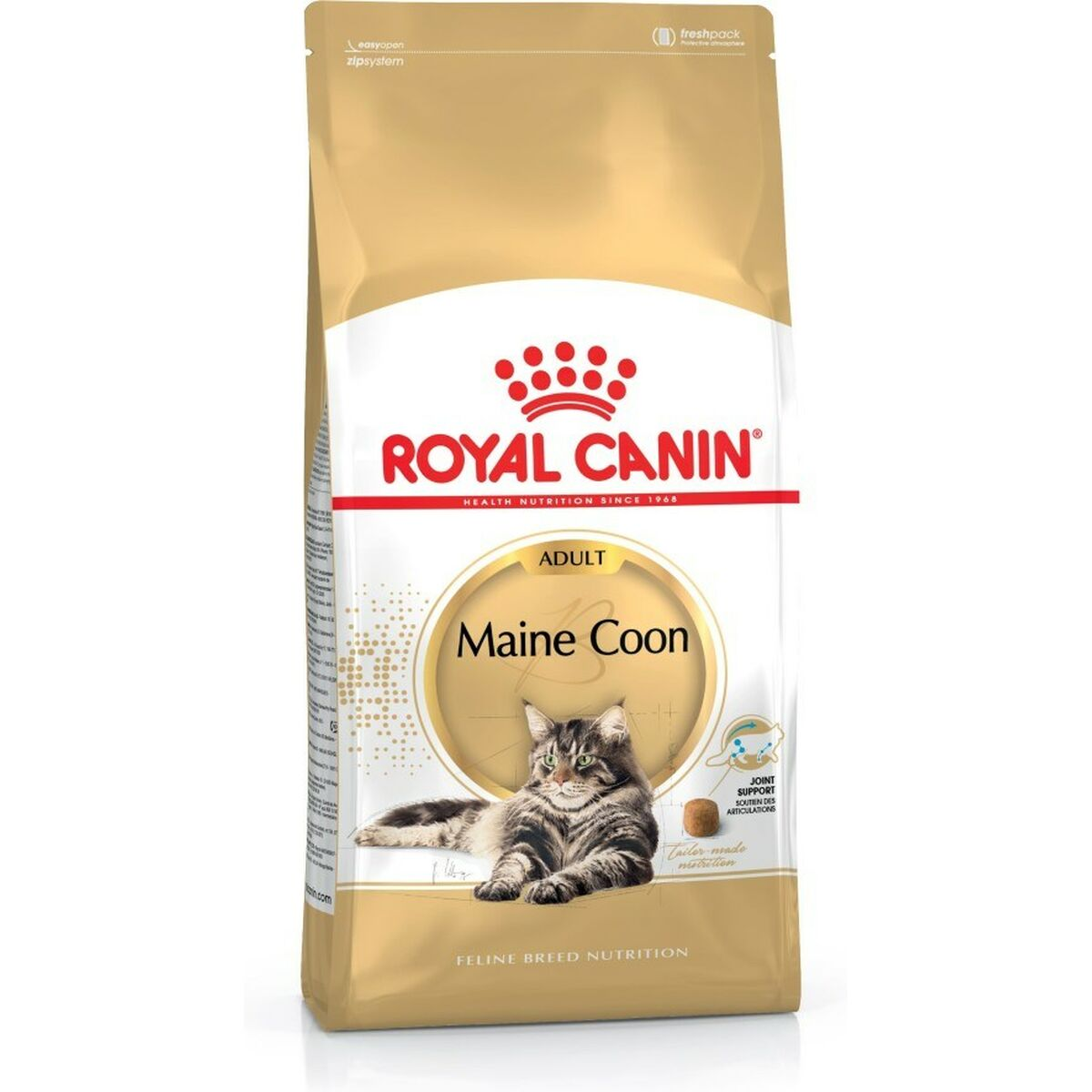 Złota torba karmy Royal Canin Maine Coon dla dorosłych kotów z wizerunkiem kota.