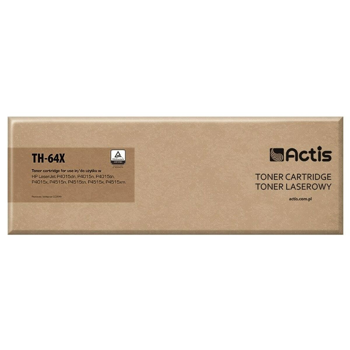 Brązowe pudełko z czarnym napisem: Toner TH-64X, logo Actis, Toner. actis.com.pl
