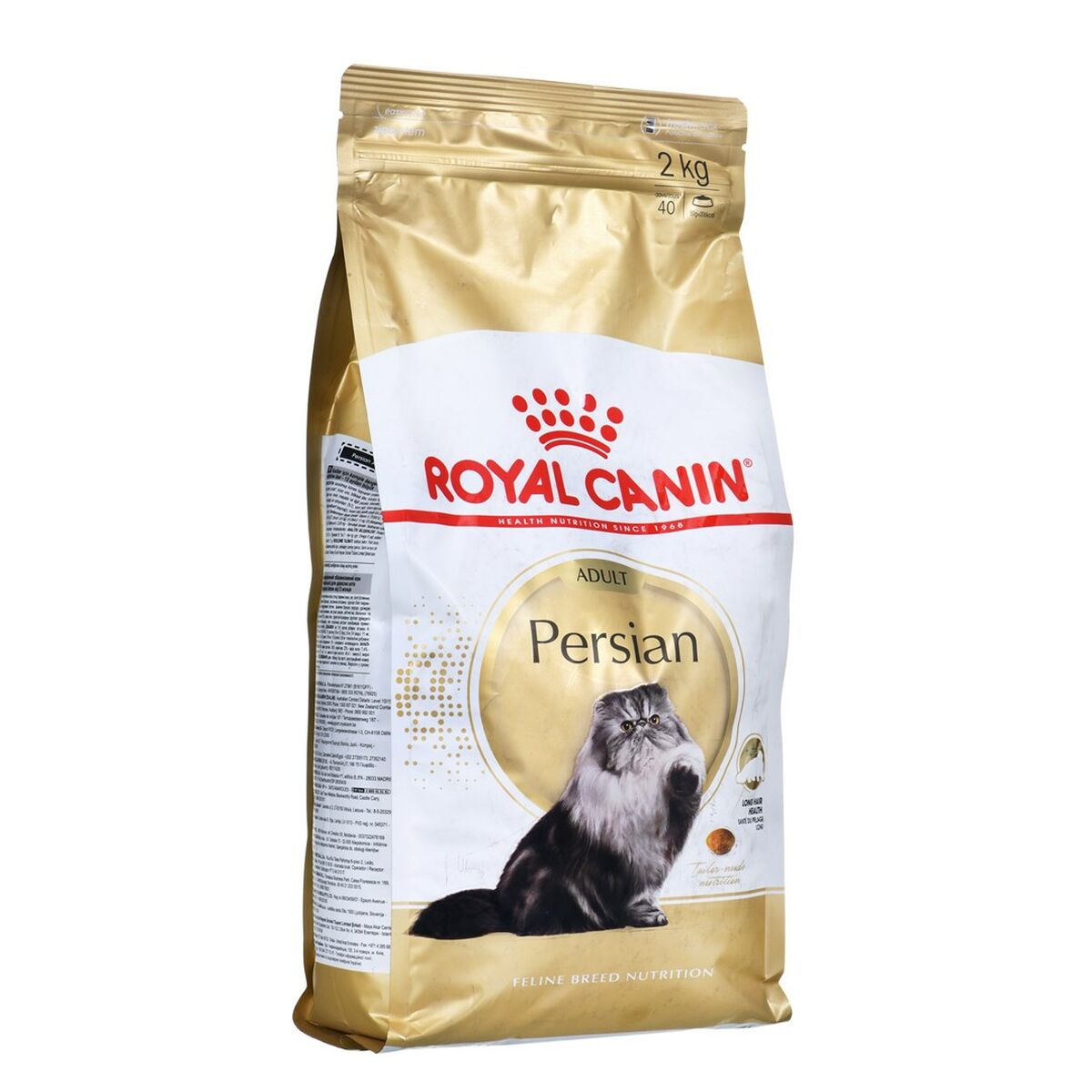 Bolsa dorada de 2kg de comida para gatos Royal Canin Persian Adult con imagen de gato.