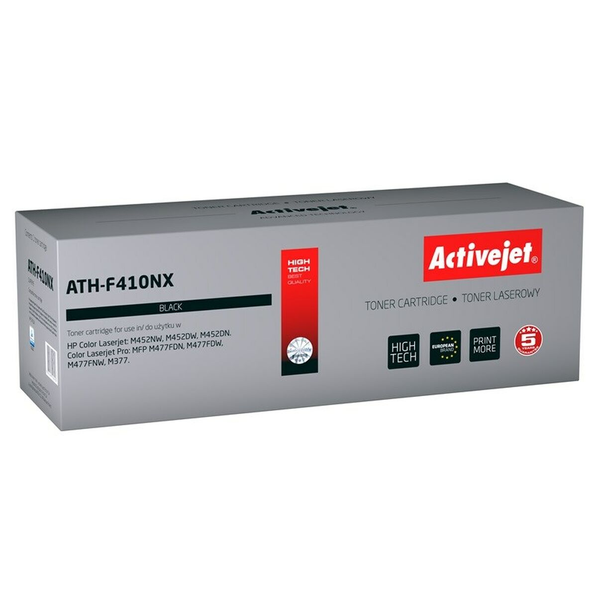 Szare pudełko z czarnym i czerwonym nadrukiem. Czarny toner Activejet ATH-F410NX.