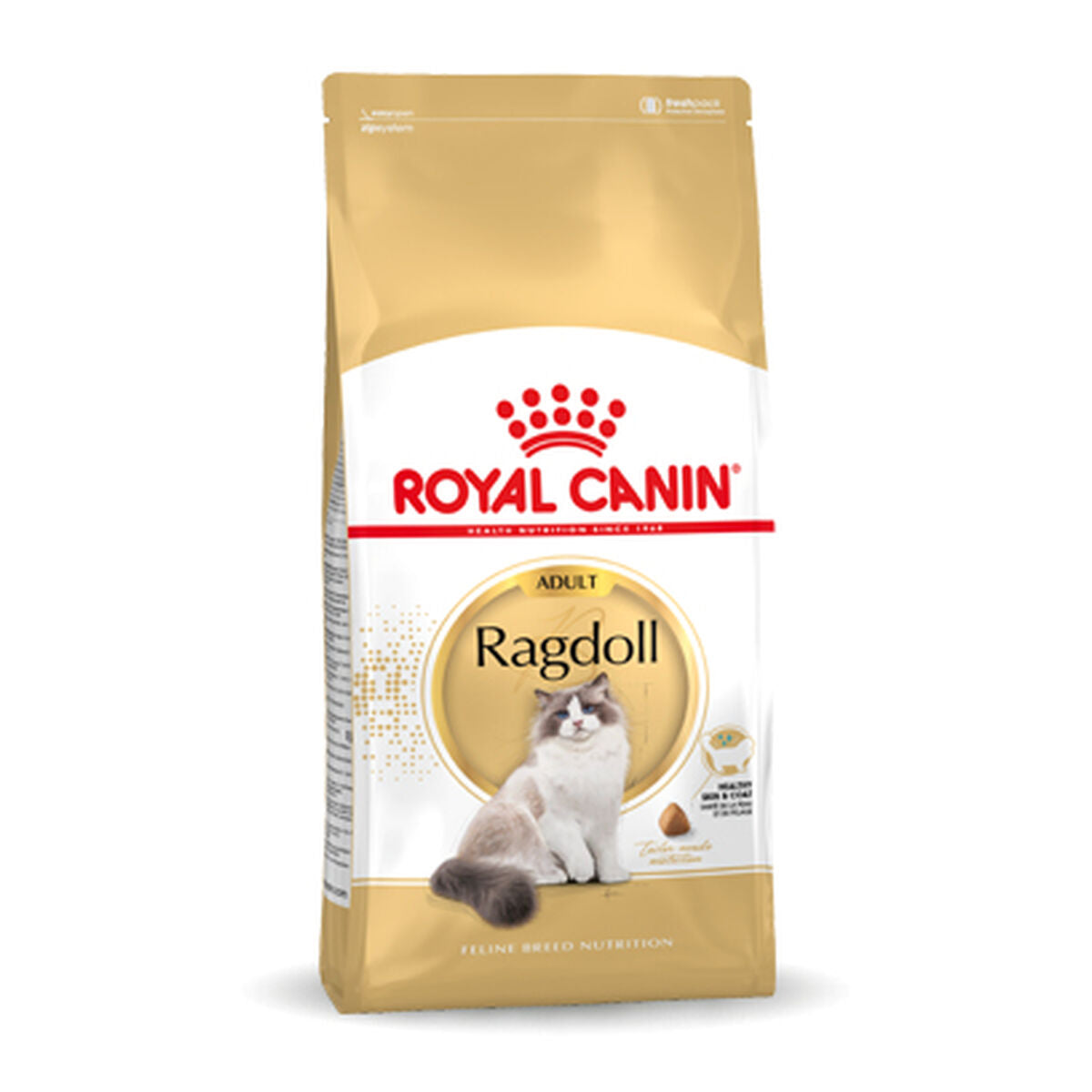 Złota torba karmy dla kotów Royal Canin Ragdoll, z wizerunkiem kota.